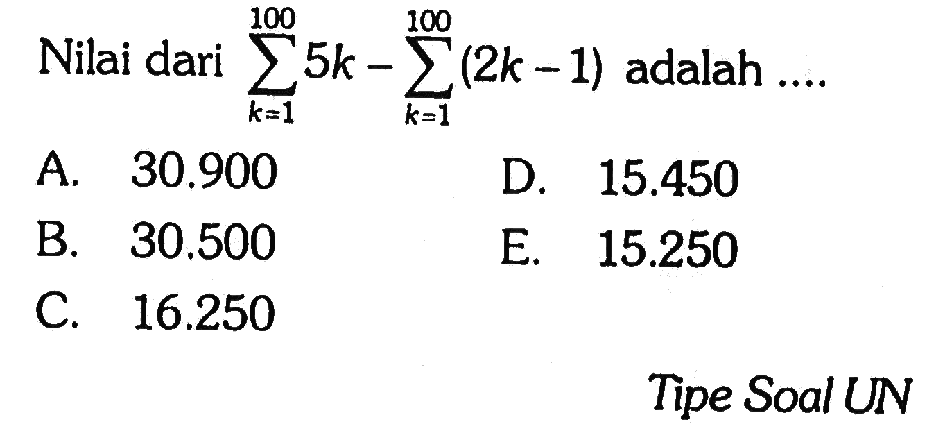 Nilai dari sigma k=1 100 5k- sigma k=1 100 (2k - 1) adalah... Tipe Soal UN