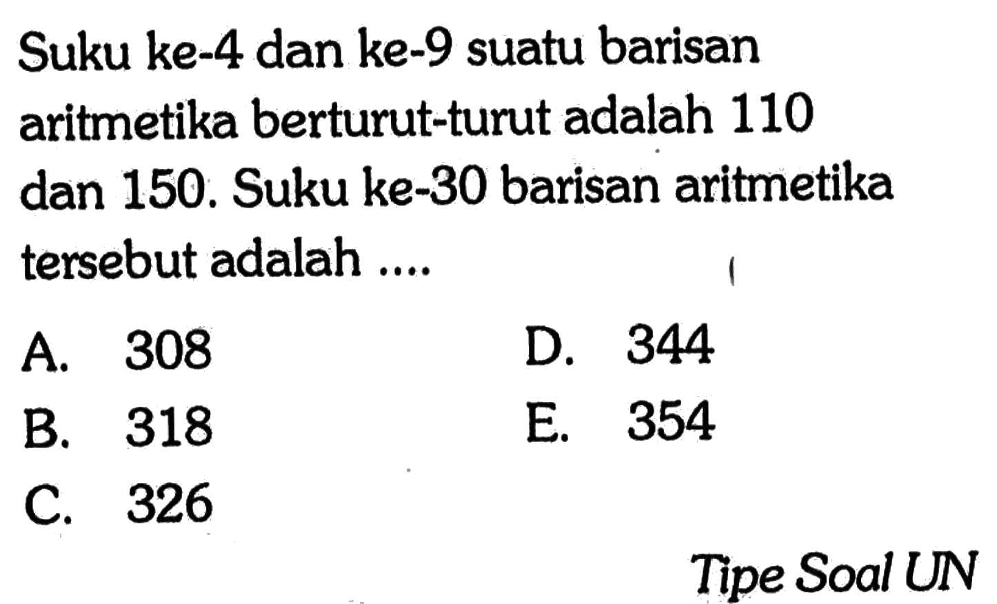 Suku ke-4 dan ke-9 suatu barisan aritmetika berturut-turut adalah 110 dan 150. Suku ke-30 barisan aritmetika tersebut adalah ....