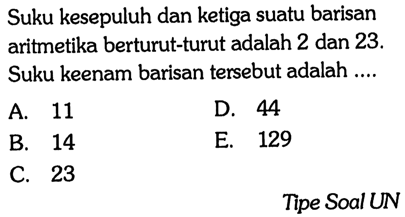 Suku kesepuluh dan ketiga suatu barisan aritmetika berturut-turut adalah 2 dan 23. Suku keenam barisan tersebut adalah....