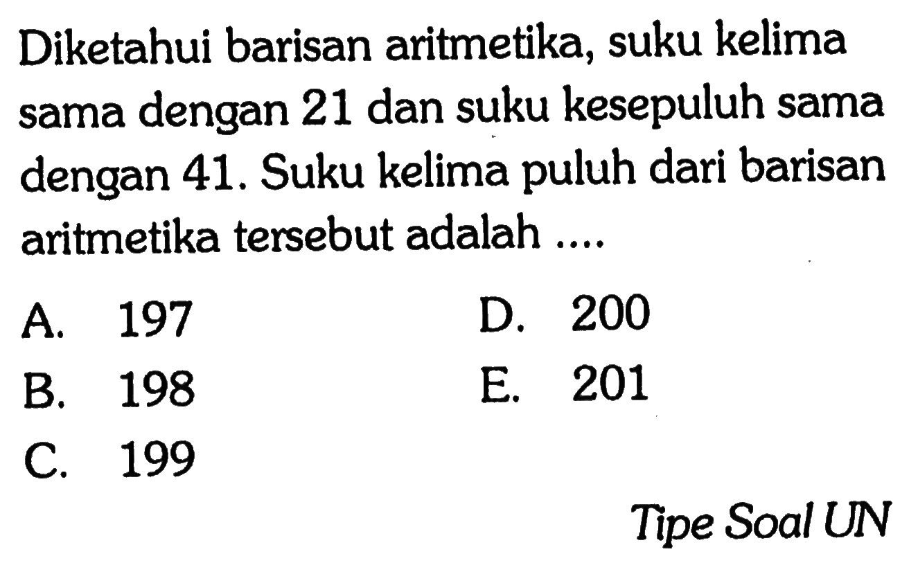 Diketahui barisan aritmetika, suku kelima sama dengan 21 dan suku kesepuluh sama dengan 41. Suku kelima puluh dari barisan aritmetika tersebut adalah .... Tipe Soal UN