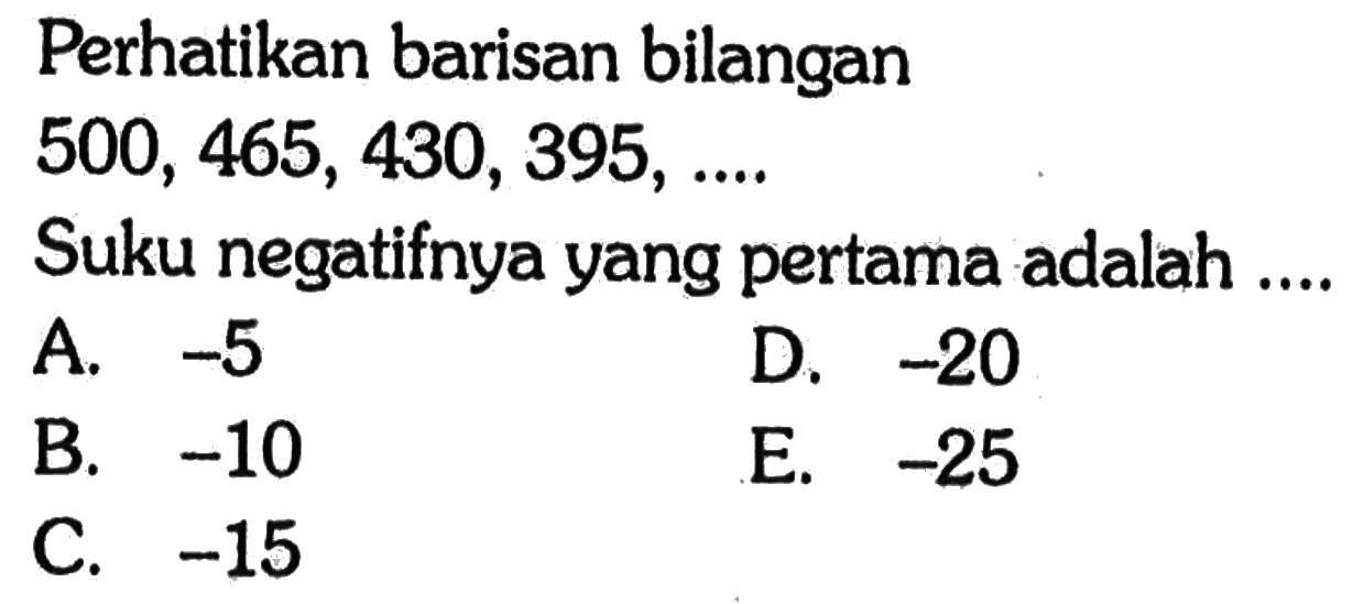 Perhatikan barisan bilangan 500,465,430,395,... Suku negatifnya yang pertama adalah ...