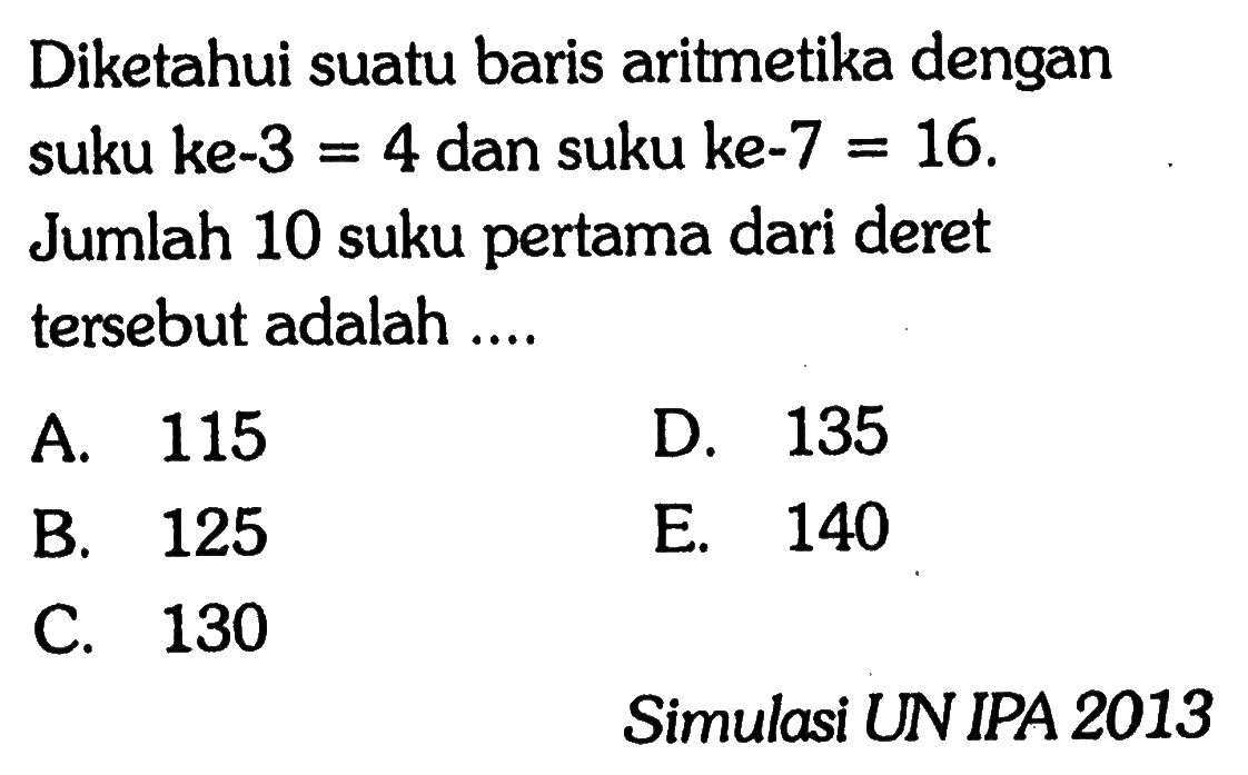 Diketahui suatu baris aritmetika dengan suku ke-3 =4 dan suku ke-7=16. Jumlah 10 suku pertama dari deret tersebut adalah...