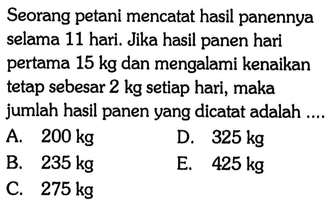 Seorang petani mencatat hasil panennya selama 11 hari. Jika hasil panen hari pertama 15 kg dan mengalami kenaikan tetap sebesar 2 kg setiap hari, maka jumlah hasil panen yang dicatat adalah .... 