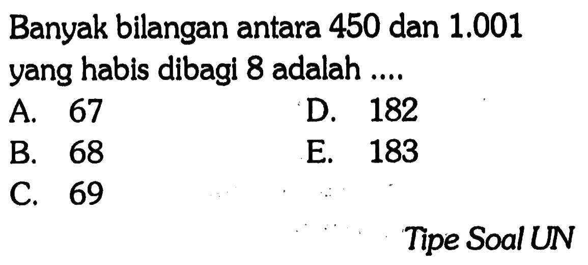 Banyak bilangan antara 450 dan 1.001 yang habis dibagi 8 adalah ...Tipe Soal UN