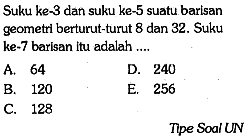 Suku ke-3 dan suku ke-5 suatu barisan geometri berturut-turut 8 dan 32. Suku ke-7 barisan itu adalah .. Tipe Soal UN