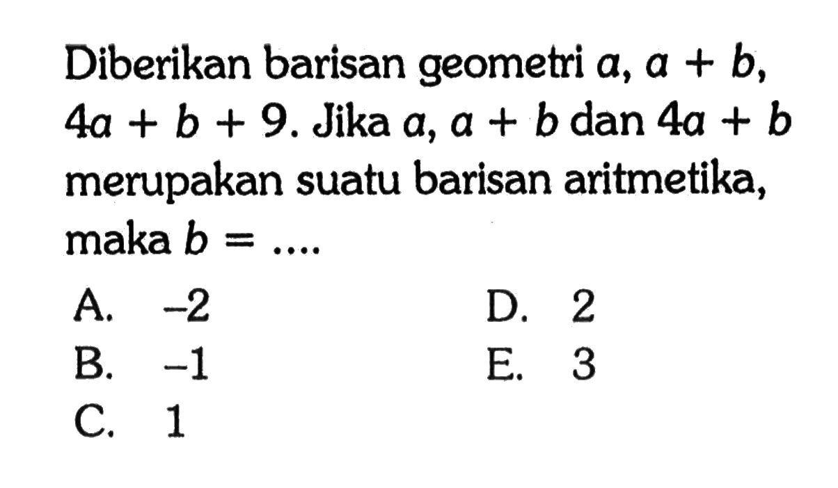 Diberikan barisan geometri a, a+b, 4a+b+9. Jika a, a+b dan 4a+b merupakan suatu barisan aritmetika, maka b= .... .