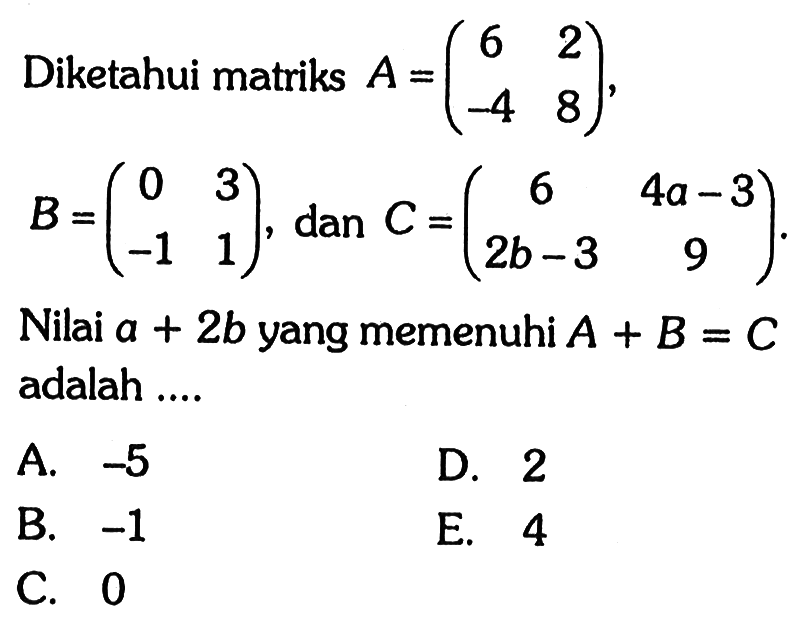 Diketahui matriks A=(6 2 -4 8),B=(0 3 -1 1), dan C=(6 4a-3 2b-3 9) Nilai a+2b yang memenuhi A+B=C adalah .... 