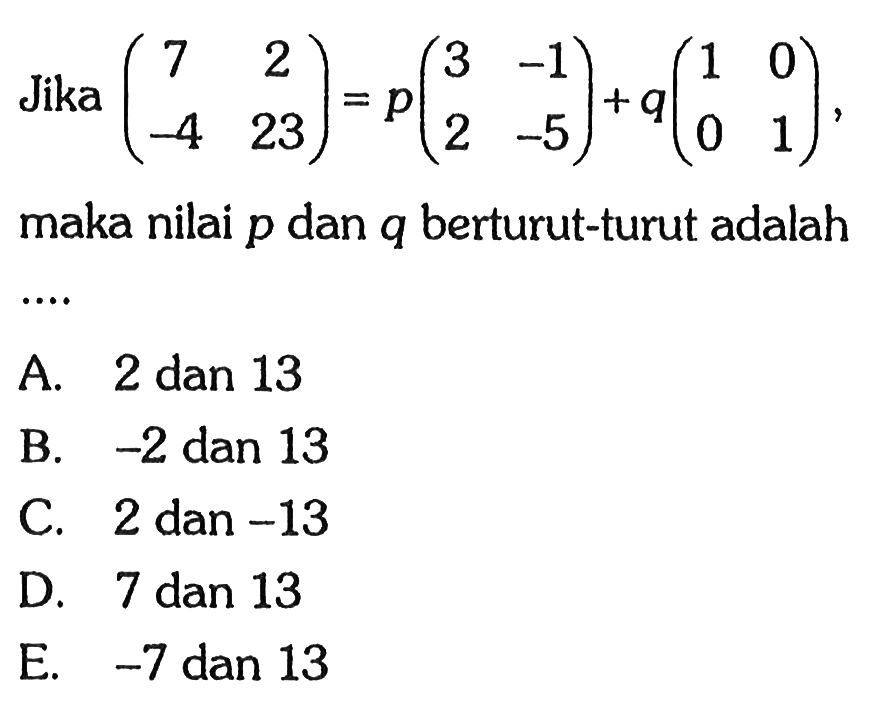 Jika (7 2 -4 23)=p(3 -1 2 -5)+q(1 0 0 1), maka p dan q berturut turut adalah ....