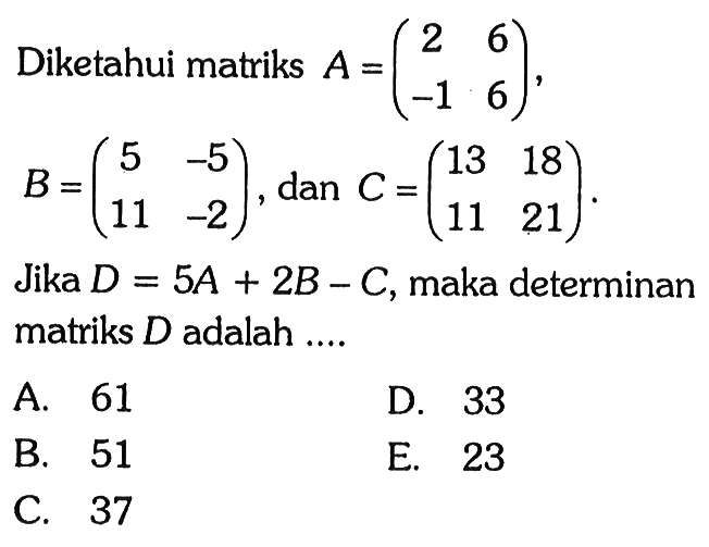 Diketahui matriks A=( 2 6 -1 6 ), B=( 5 -5 11 -2 ) dan C=( 13 18 11 21 ). Jika D=5A+2B-C, maka determinan matriks D adalah ...