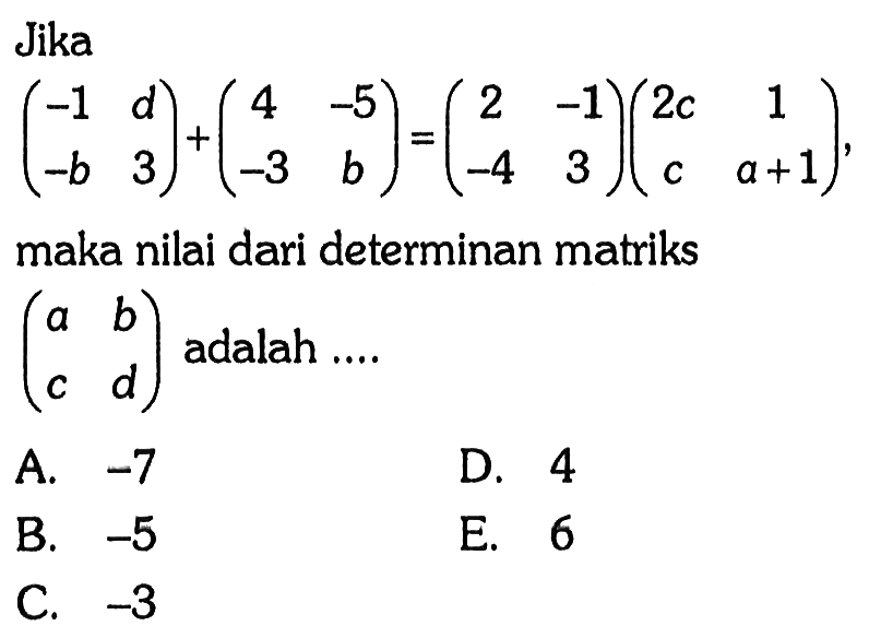 Jika (-1 d -b 3)+(4 -5 -3 b)=(2 -1 -4 3)(2c 1 c a+1), maka nilai dari determinan matriks (a b c d) adalah ...