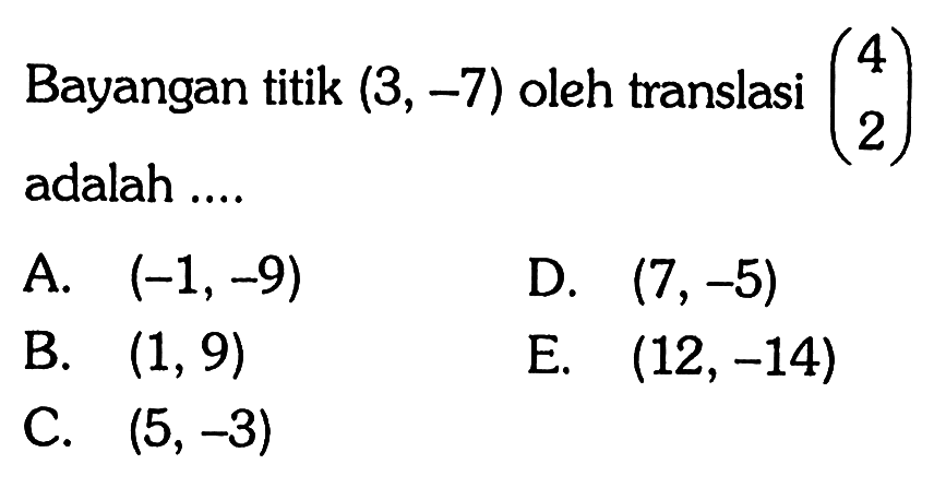 Bayangan titik (3, -7) oleh translasi (4 2) adalah ....