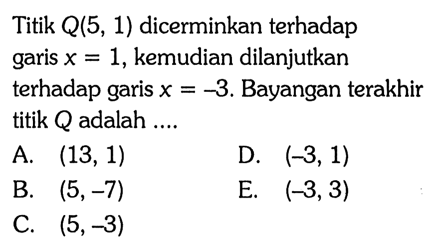 Titik Q(5,1) dicerminkan terhadap garis x=1, kemudian dilanjutkan terhadap garis x=-3. Bayangan terakhir titik Q adalah ....