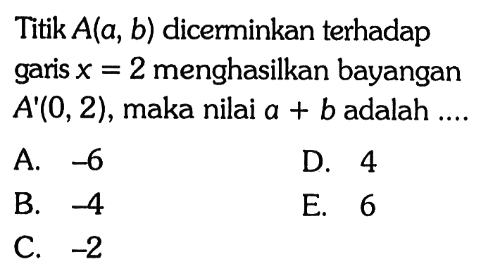 Titik A(a, b) dicerminkan terhadap garis x=2 menghasilkan bayangan A'(0, 2), maka nilai a+b adalah ....