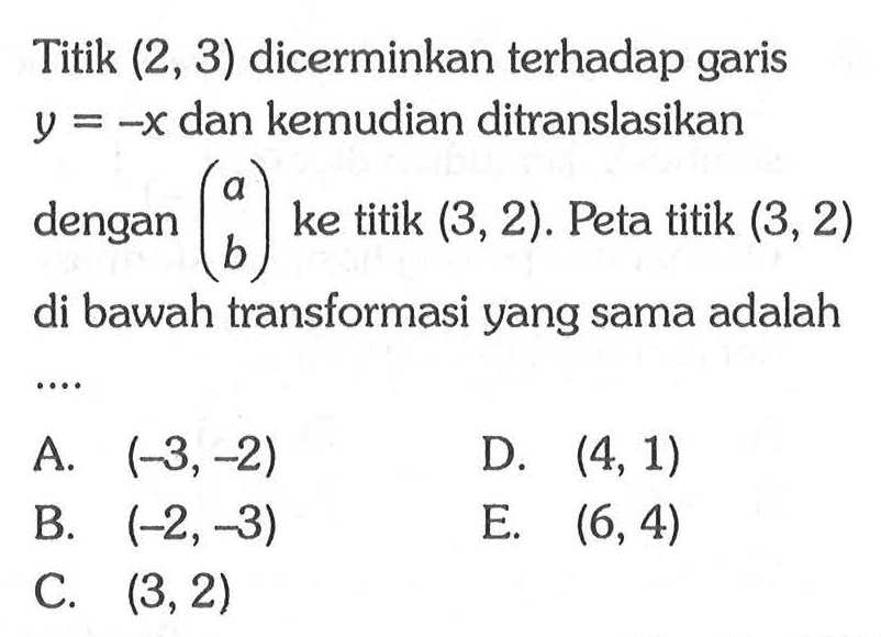 Titik (2, 3) dicerminkan terhadap garis y =-x dan kemudian ditranslasikan dengan ke titik (3, 2). Peta titik (3,2) b di bawah transformasi yang sama adalah