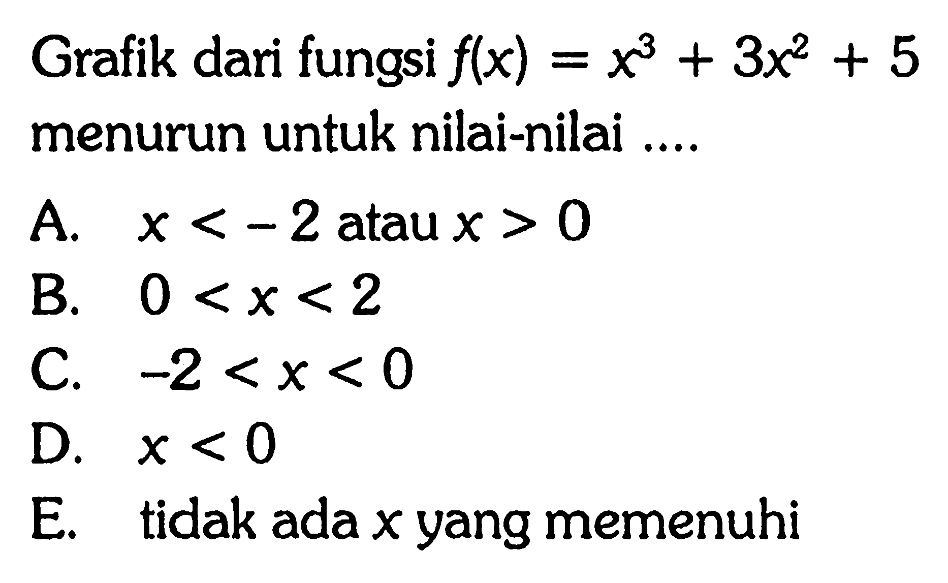 Grafik dari fungsi f(x)=x^3+3x^2+5 menurun untuk nilai-nilai....