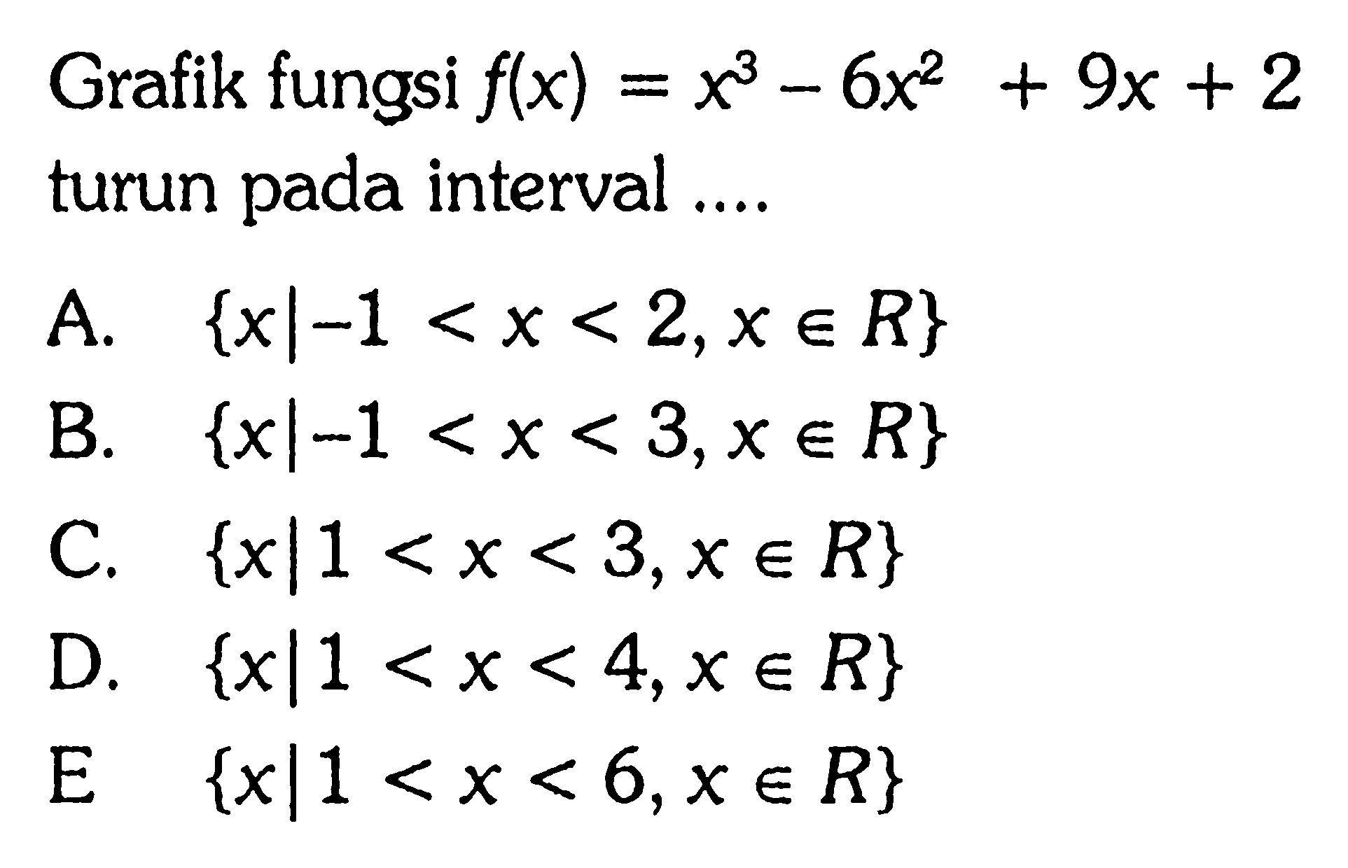 Grafik fungsi f(x)=x^3-6x^2+9x+2 turun pada interval ....