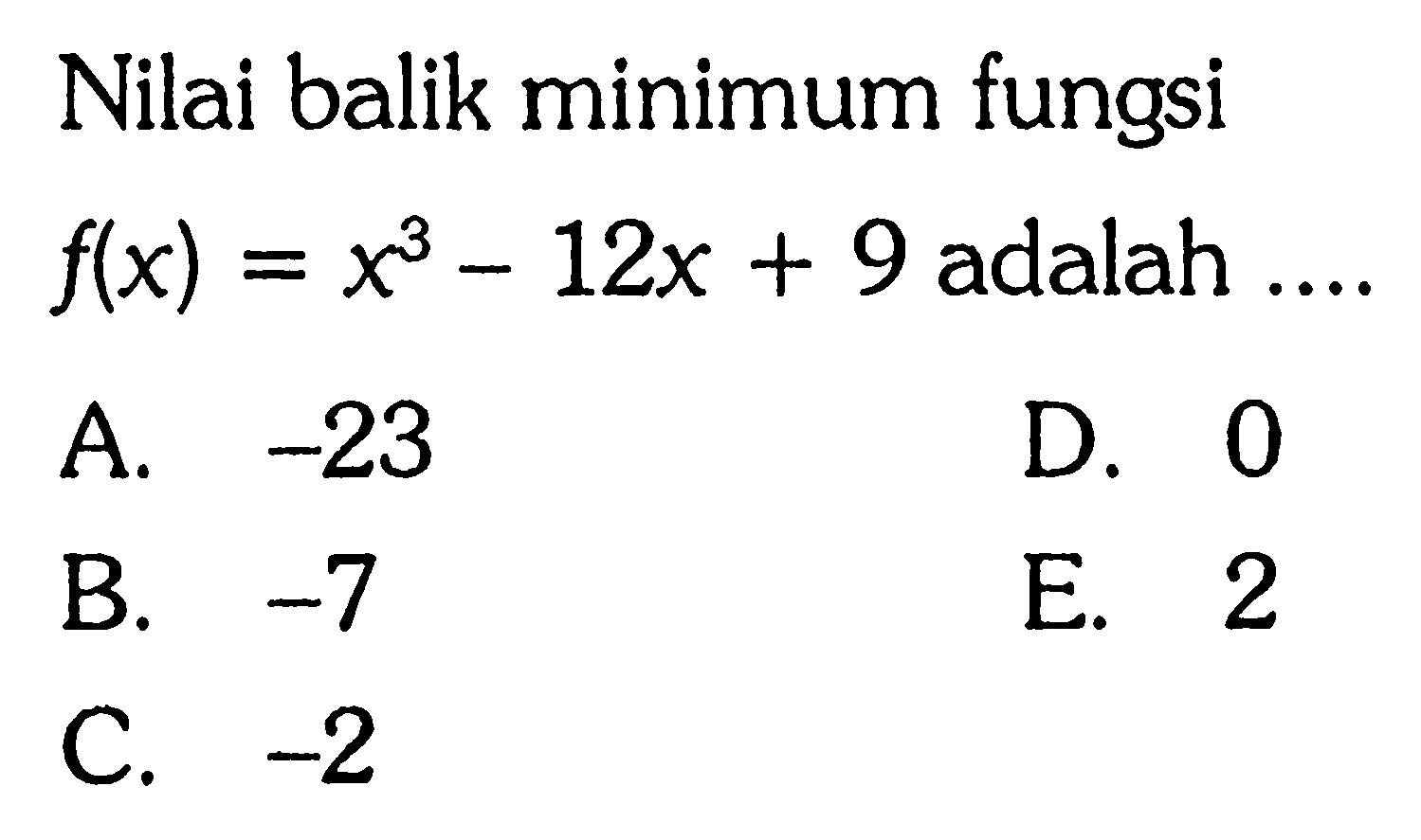 Nilai balik minimum fungsi  f(x)=x^3-12x+9 adalah..... 