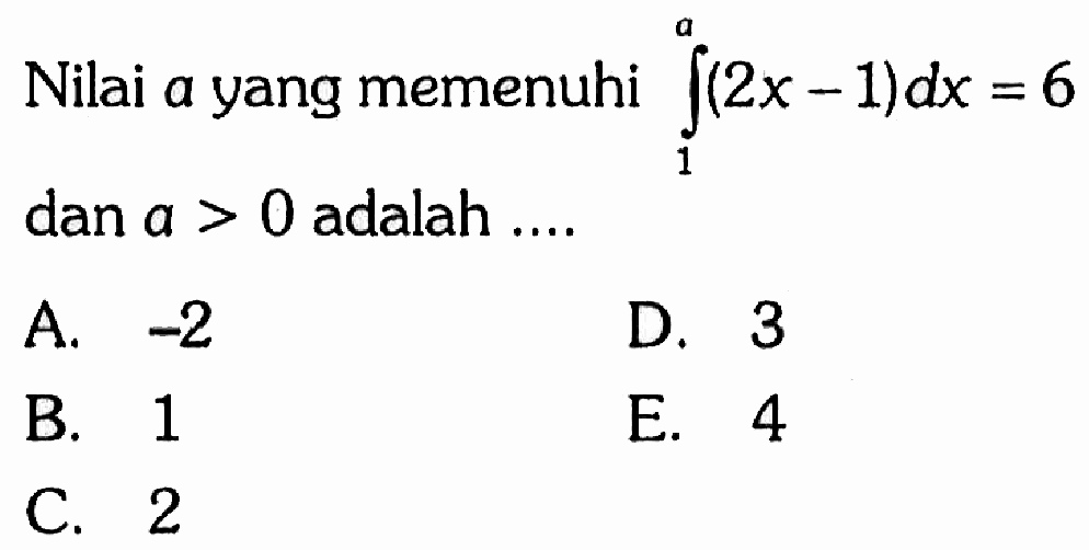 Nilai a yang memenuhi integral dari1^a(2x-1) dx=6 dan a>0 adalah ....