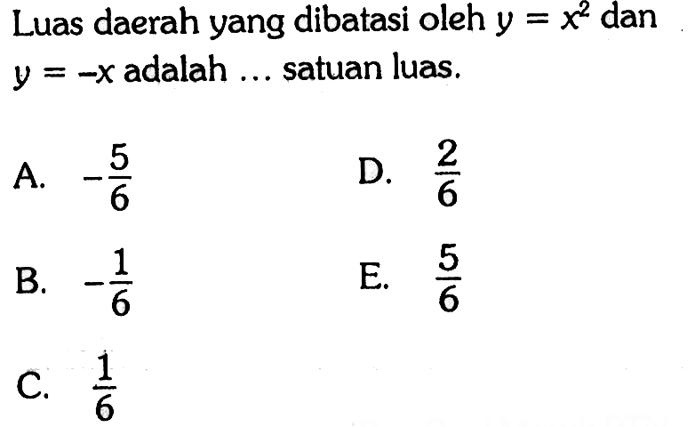 Luas daerah yang dibatasi oleh  y=x^2 dan y=-x  adalah ... satuan luas.