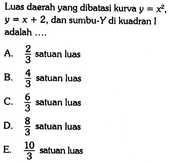 Luas daerah yang dibatasi kurva y=x^2, y=x+2, dan sumbu-Y di kuadran I adalah ....