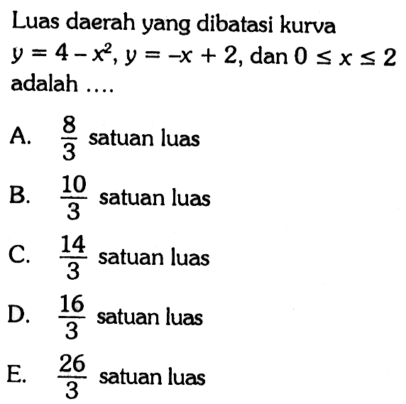 Luas daerah yang dibatasi kurva y=4-x^2, y=-x+2, dan 0<=x<=2 adalah ....