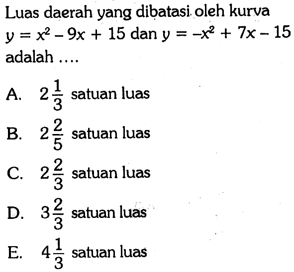 Luas daerah yang dibatasi oleh kurva y=x^2-9x+15 dan y=-x^2+7x-15 adalah....