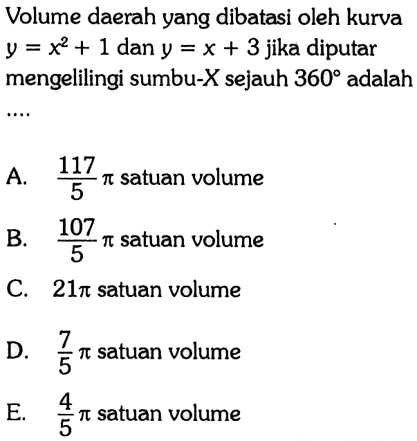 Volume daerah yang dibatasi oleh kurva y=x^2+1 dan y=x+3 jika diputar mengelilingi sumbu-X sejauh 360 adalah