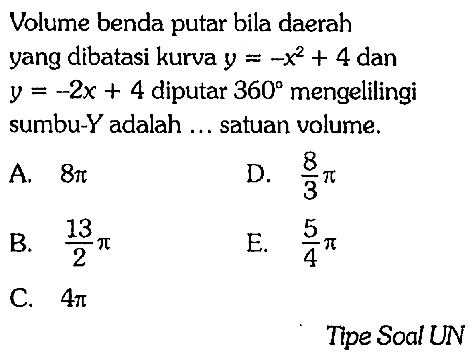 Volume benda putar bila daerah yang dibatasi kurva y=-x^2+4 dan y=-2x+4 diputar 360 mengelilingi sumbu-Y adalah ... satuan volume.Tipe Soal UN