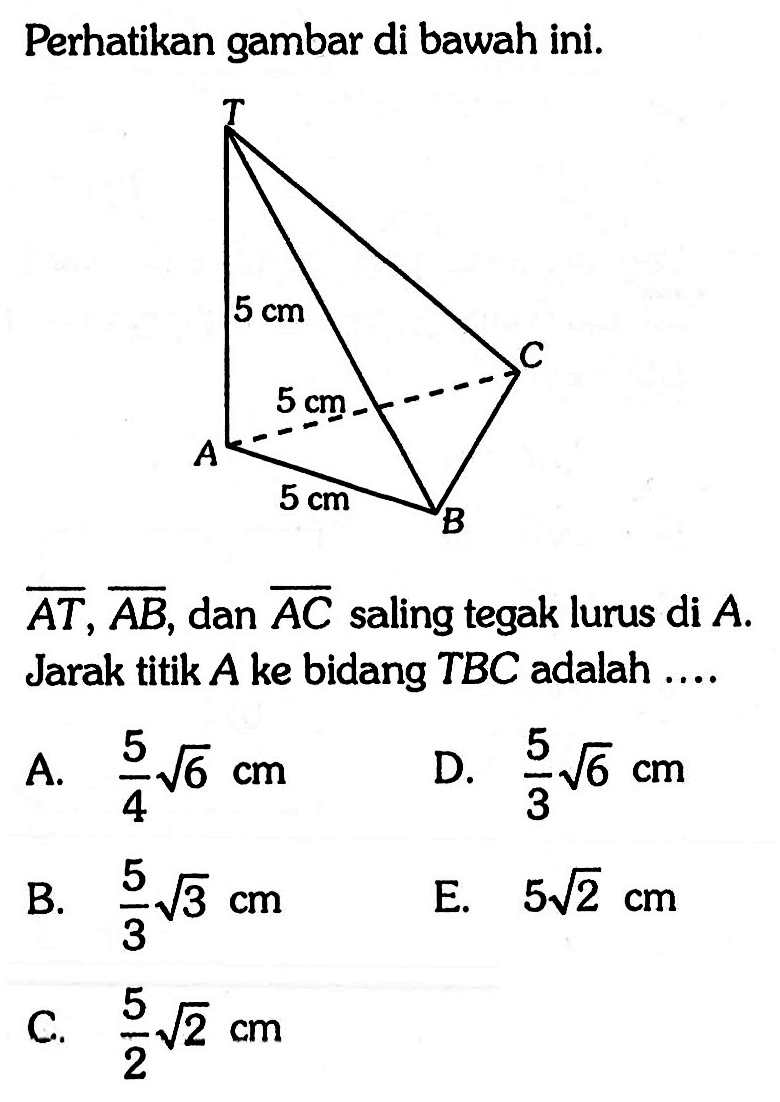 Perhatikan gambar di bawah ini. AT, AB, dan AC saling tegak lurus di A. Jarak titik A ke bidang TBC adalah ....