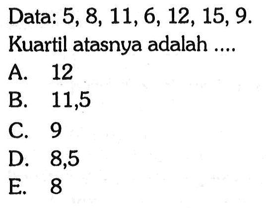 Data: 5, 8, 11, 6, 12, 15, 9. Kuartil atasnya adalah ....