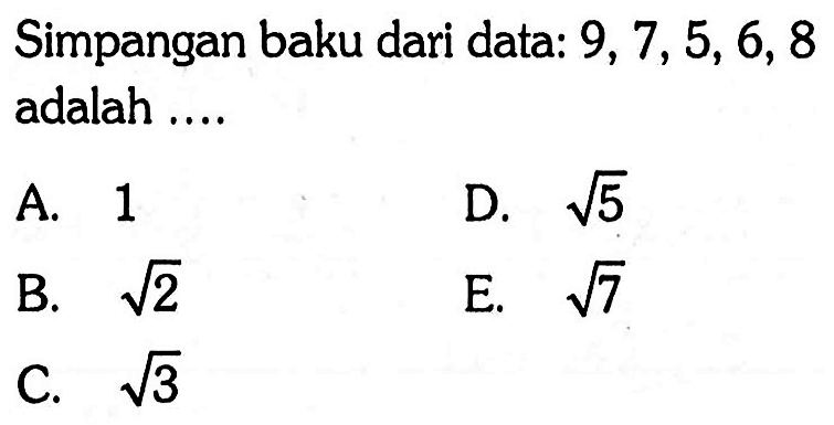 Simpangan baku dari data: 9, 7, 5,6,8 adalah