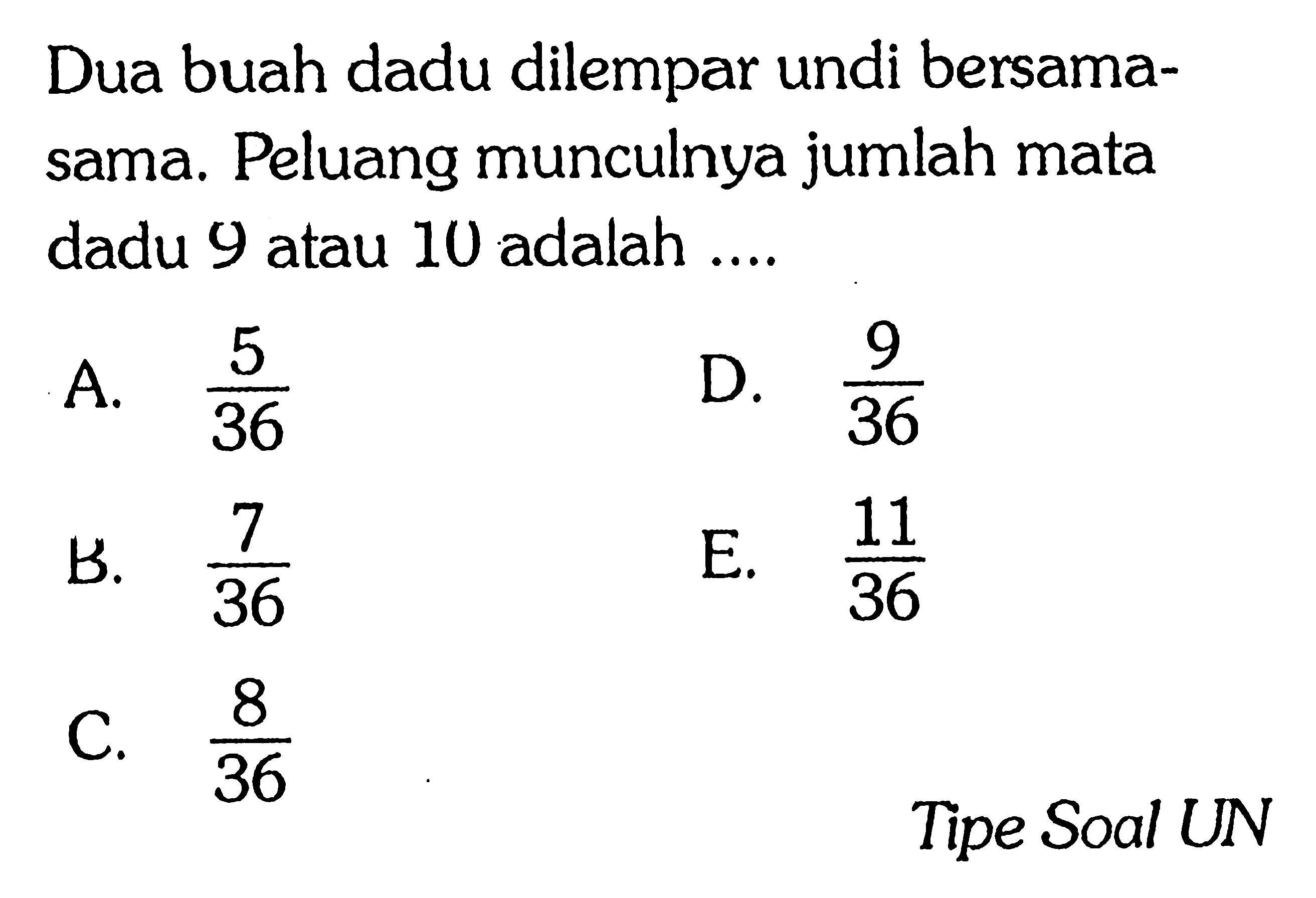 Dua buah dadu dilempar undi bersamasama. Peluang munculnya jumlah mata dadu 9 atau 10 adalah ....