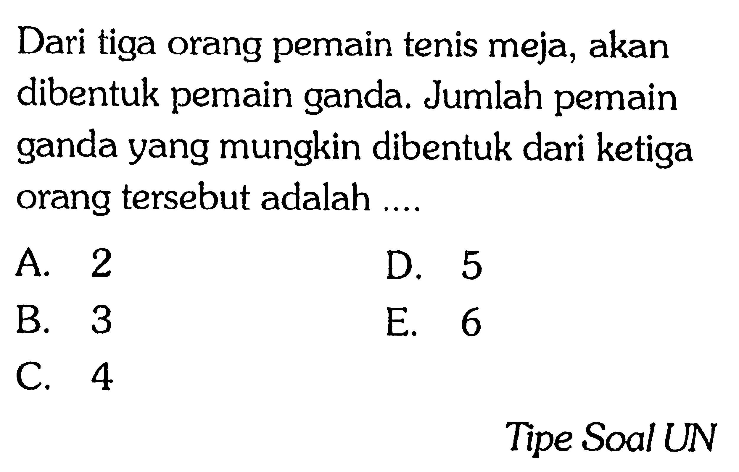 Dari tiga orang pemain tenis meja, akan dibentuk pemain ganda. Jumlah pemain ganda yang mungkin dibentuk dari ketiga orang tersebut adalah ....Tipe Soal UN