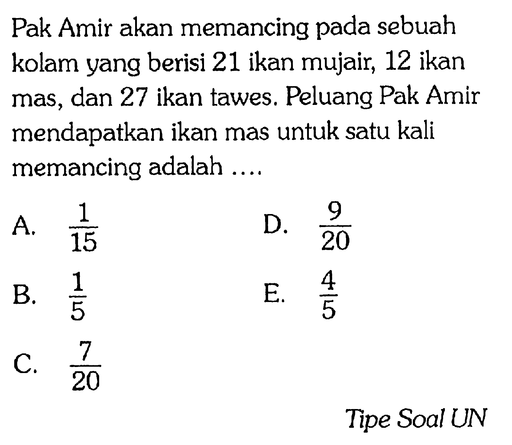 Pak Amir akan memancing pada sebuah kolam yang berisi 21 ikan mujair, 12 ikan mas, dan 27 ikan tawes. Peluang Pak Amir mendapatkan ikan mas untuk satu kali memancing adalah .... Tipe Soal UN
