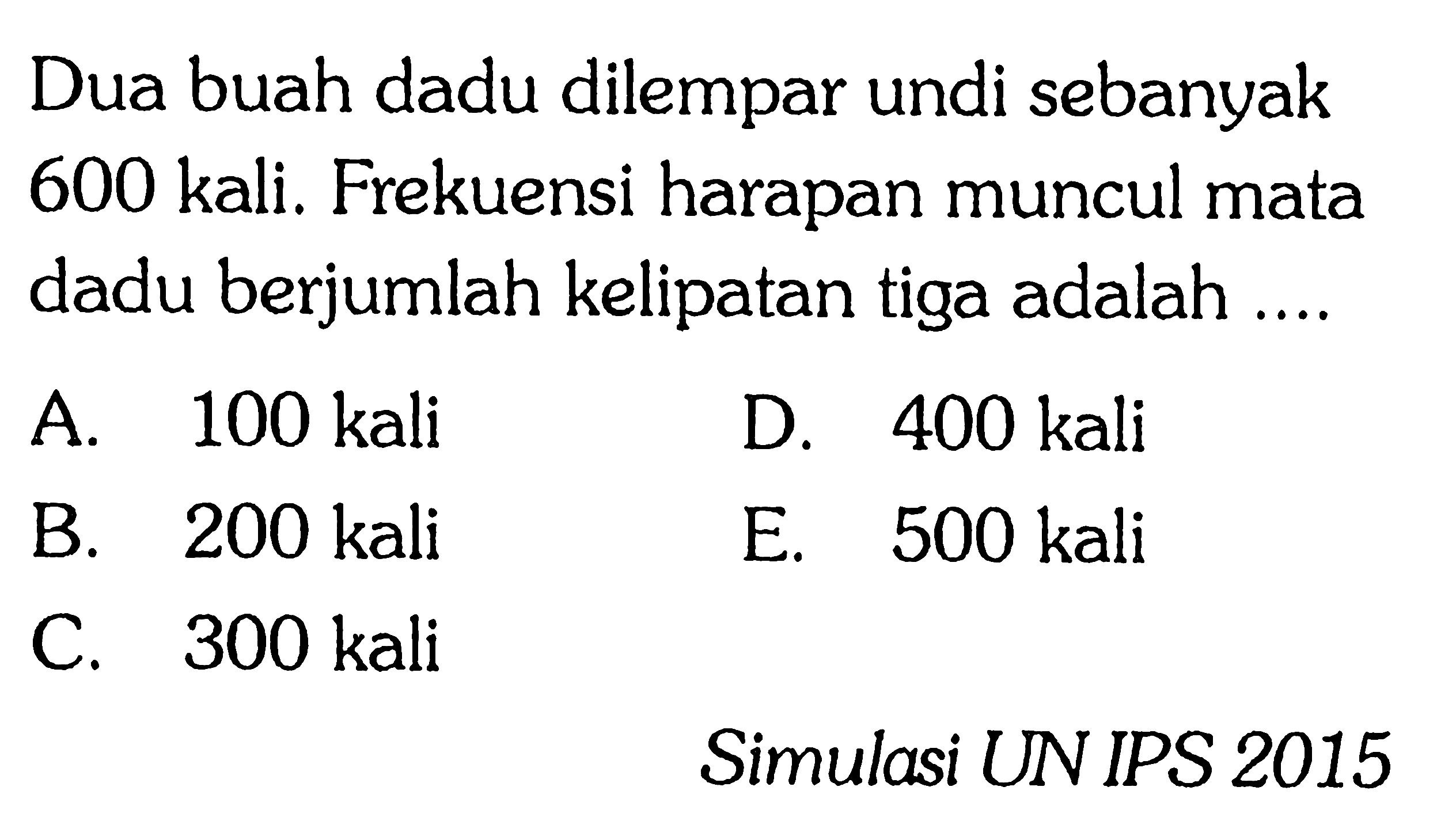 Dua buah dadu dilempar undi sebanyak 600 kali. Frekuensi harapan muncul mata dadu berjumlah kelipatan tiga adalah ....Simulasi UNIPS 2015