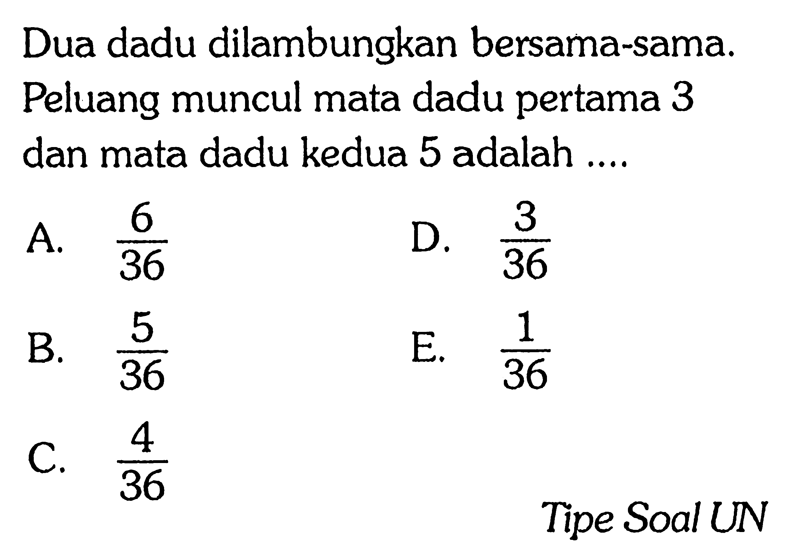 Dua dadu dilambungkan bersama-sama. Peluang muncul mata dadu pertama 3 dan mata dadu kedua 5 adalah....Tipe Soal UN