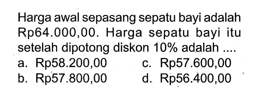 Harga awal sepasang sepatu bayi adalah Rp64.000,00. Harga sepatu bayi itu setelah dipotong diskon 10% adalah ....