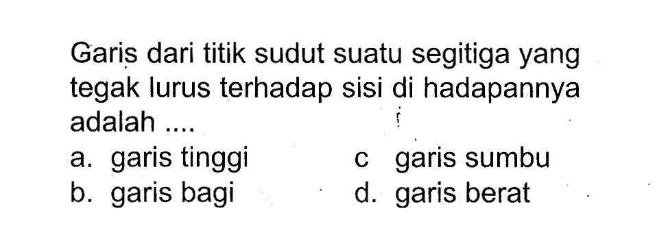 Garis dari titik sudut suatu segitiga yang tegak lurus terhadap sisi di hadapannya adalah ....