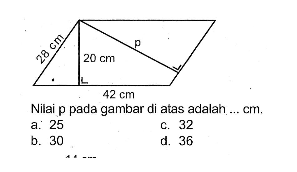 28 cm p 20 cm 42 cm Nilai p pada gambar di atas adalah ... cm. a. 25
c. 32
b. 30
d. 36