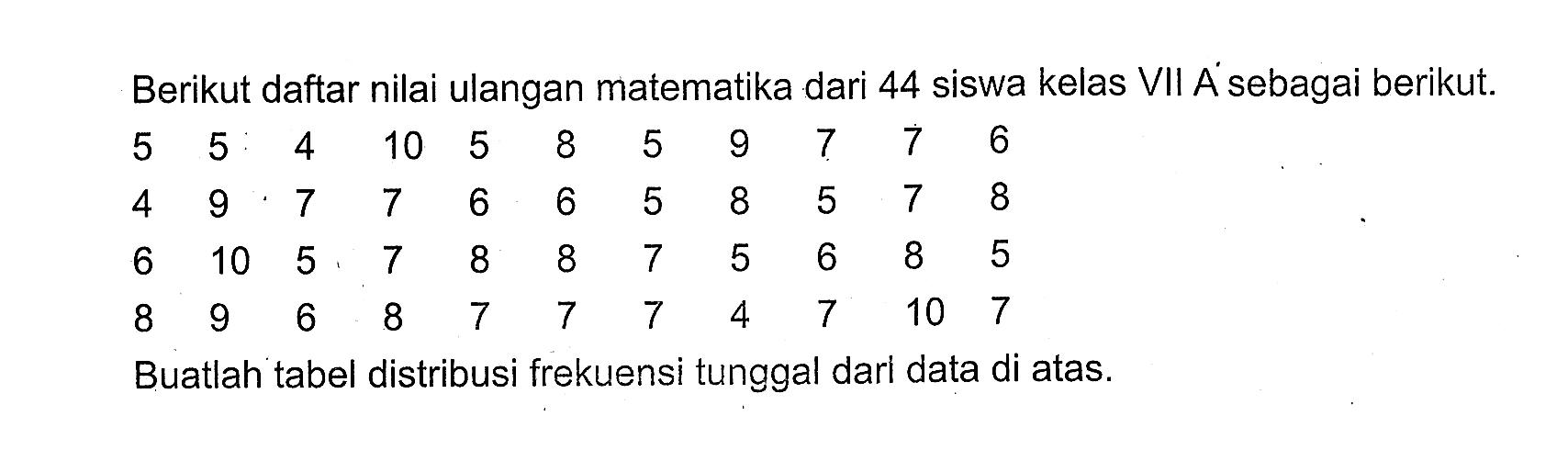 Berikut daftar nilai ulangan matematika dari 44 siswa kelas VII A sebagai berikut.5 5 4 10 5 8 5 9 7 7 6 4 9 7 7 6 6 5 8 5 7 8 6 10 5 7 8 8 7 5 6 8 5 8 9 6 8 7 7 7 4 7 10 7 Buatlah tabel distribusi frekuensi tunggal dari data di atas.