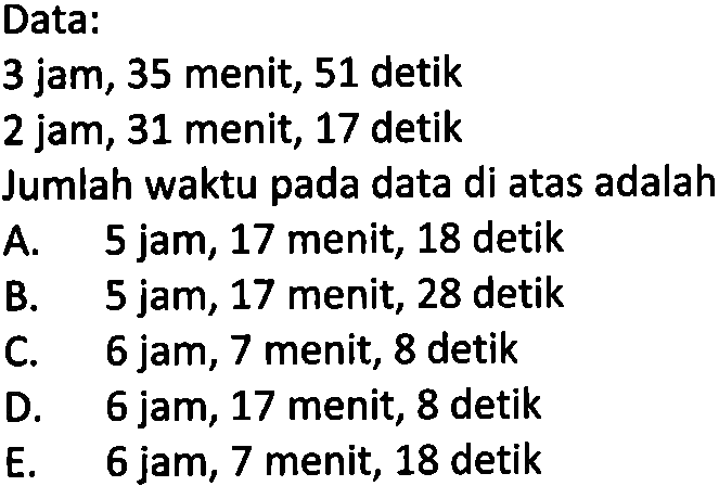 Data: 3 jam, 35 menit, 51 detik 2 jam, 31 menit, 17 detik Jumlah waktu pada data di atas adalah