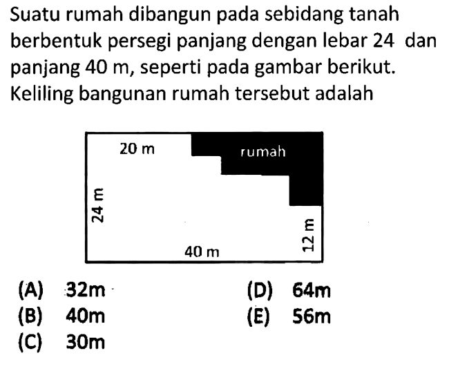 Suatu rumah dibangun pada sebidang tanah berbentuk persegi panjang dengan lebar 24 dan panjang  40 m , seperti pada gambar berikut. Keliling bangunan rumah tersebut adalah...  20 m rumah 12 m 40 m 24 m