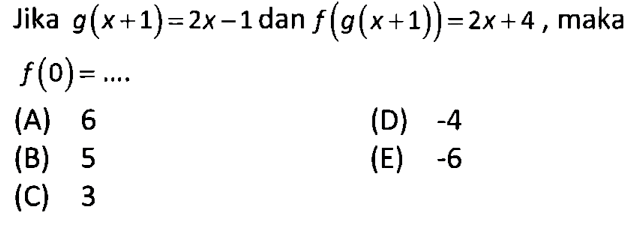 Jika  g(x+1)=2x-1  dan  f(g(x+1))=2x+4 , maka  f(0)=... 
