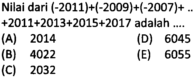 Nilai dari (-2011) + (-2009) + (-2007) + .. + 2011 + 2013 + 2015 + 2017 adalah ....