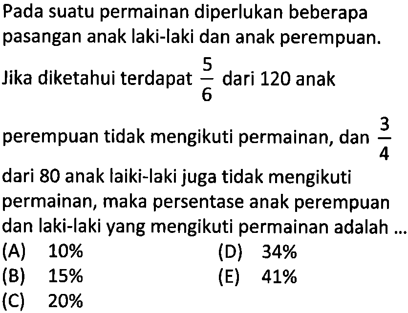 Pada suatu permainan diperlukan beberapa pasangan anak laki-laki dan anak perempuan. Jika diketahui terdapat 5/6 dari 120 anak perempuan tidak mengikuti permainan, dan 3/4 dari 80 anak laiki-laki juga tidak mengikuti permainan, maka persentase anak perempuan dan laki-laki yang mengikuti permainan adalah...