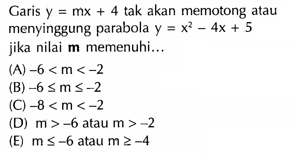 Garis y=mx+4 tak akan memotong atau menyinggung parabola y=x^2-4x+5 jika nilai m memenuhi...