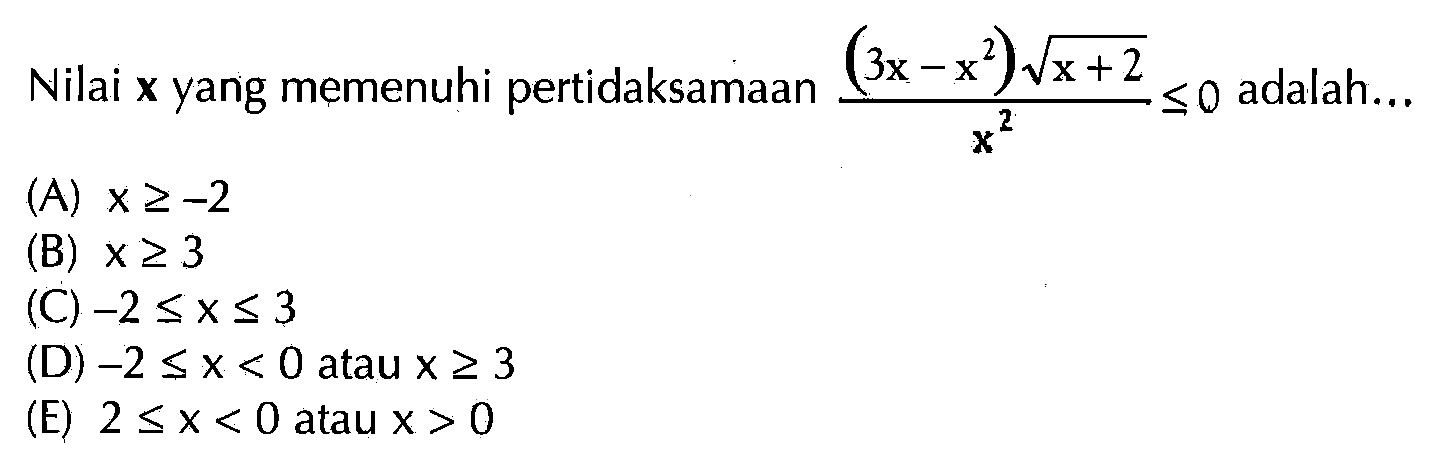 Nilai x yang memenuhi pertidaksamaan ((3x-x^2)akar(x+2))/x^2<=0 adalah ....