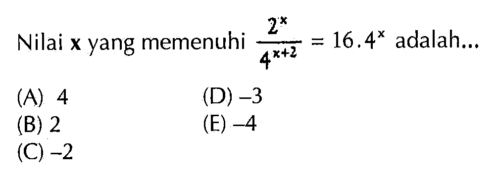 Nilai x yang memenuhi (2^x)/(4^(x+2))=16x4^x adalah...