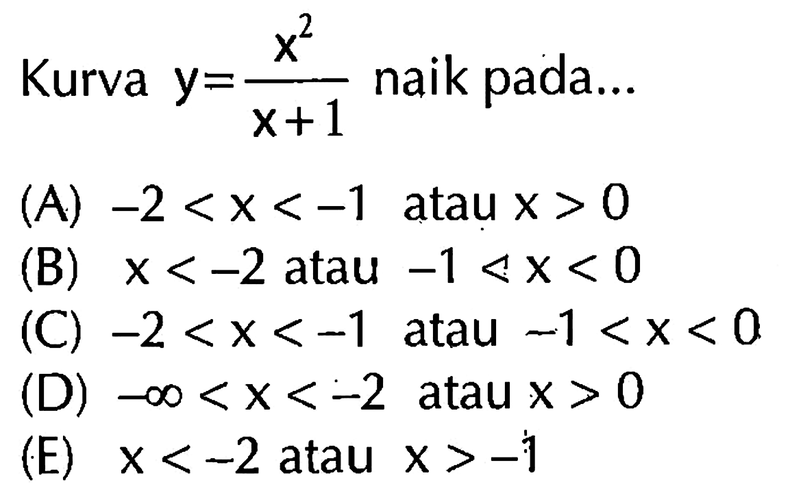 Kurva  y=x^2/(x+1)  naik pada...