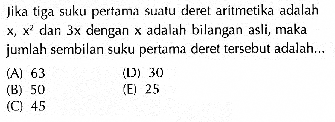 Jika tiga suku pertama suatu deret aritmetika adalah x, x^2 dan 3x dengan x adalah bilangan asli, maka jumlah sembilan suku pertama deret tersebut adalah...